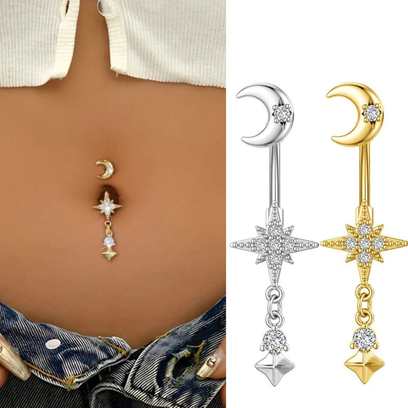 Moon & Star Belly Piercing Jewelry 14G Curved Navel Ring for Women Girls