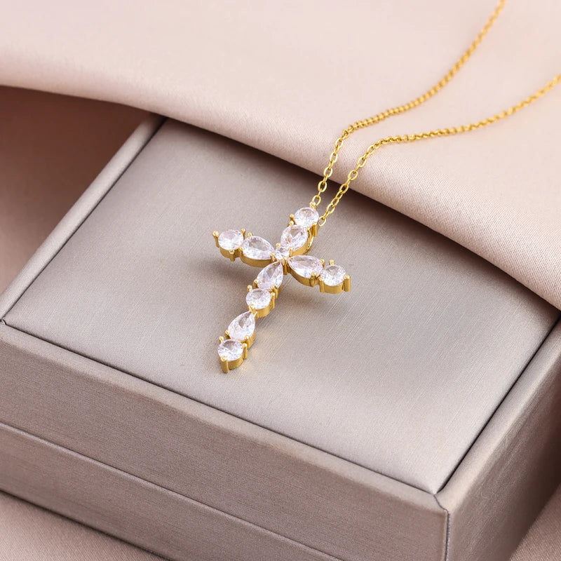 Sparkly Zircon Crystal Cross Pendant Necklace for Women Stainless Steel Chain Jewelry