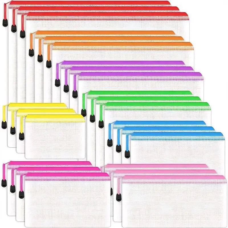 16PCS Waterproof Mesh Zipper Bags Travel Document Organizer Office Supplies