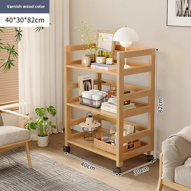 Solid Wood Mobile Storage Trolley Table - Living Room Kitchen Side Cabinet