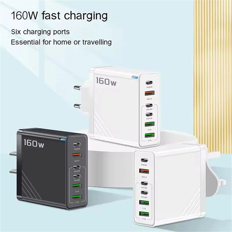 160W Multi-Port USB Type C Phone Charger Adapter with EU/US/UK Plugs