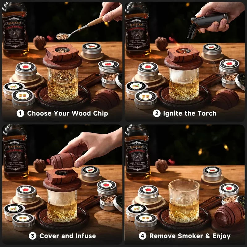 Cocktail Smoking Set with Natural Cherry Wood Smoke Device for Whiskey & Drinks