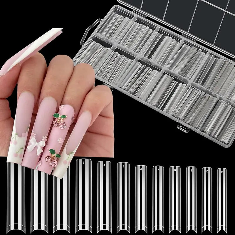 240PC Long Square Nail Tips for Acrylic Nails - Extra Long, 12 Sizes, Clear