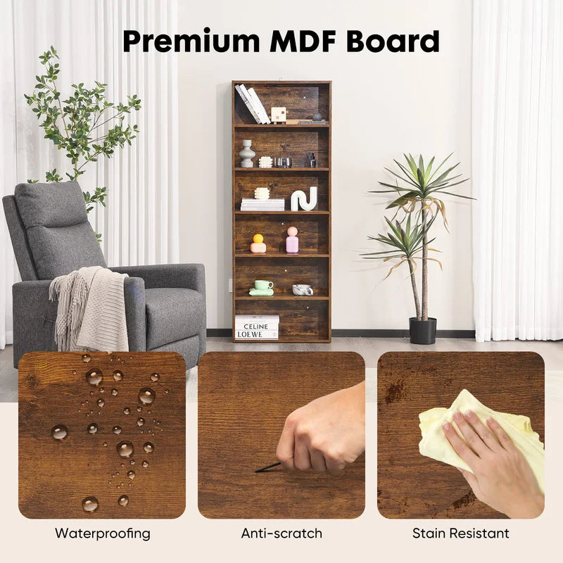 6-Tier Wooden Floor Standing Bookcase - Tall Open Shelving for Living Room & Home Office