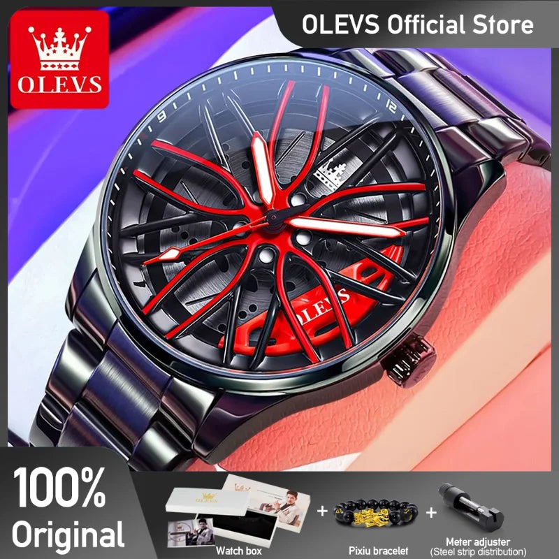 Men's Quartz Watch with Luminous Dial Waterproof Stainless Steel Rotatable Wheel Hub