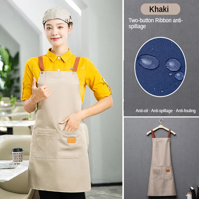 Custom Embroidered Waterproof Kitchen Apron with Pockets for Home Cooking & Baking