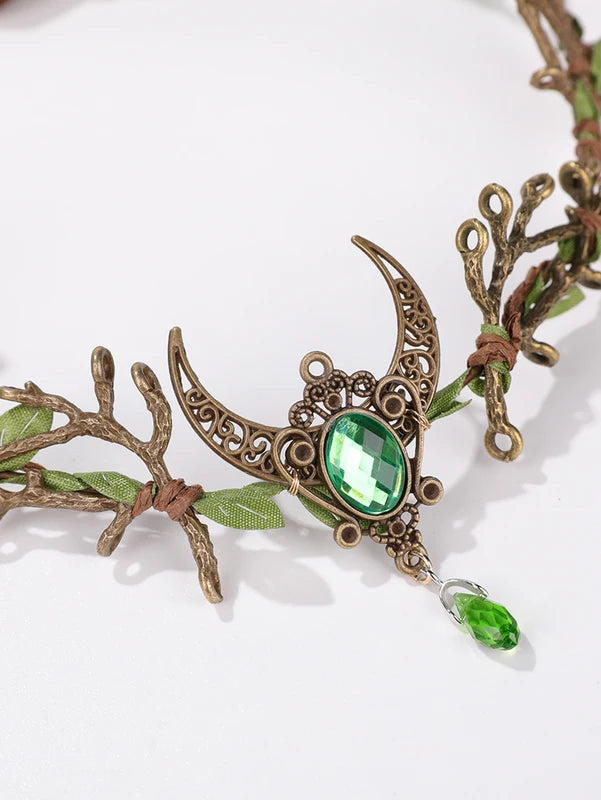 Fairy Moon Headband with Green Gemstone Branch for Halloween & Photo Shoots