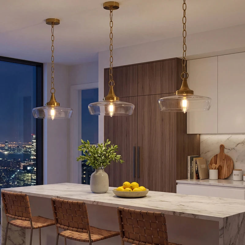 Gold Pendant Light with Clear Glass Shade for Kitchen & Dining Room