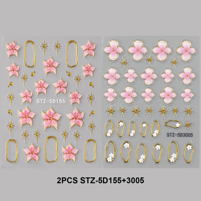 5D Floral Embossed Nail Stickers with Hibiscus Flowers & Star Frames for Spring & Summer Nail Art