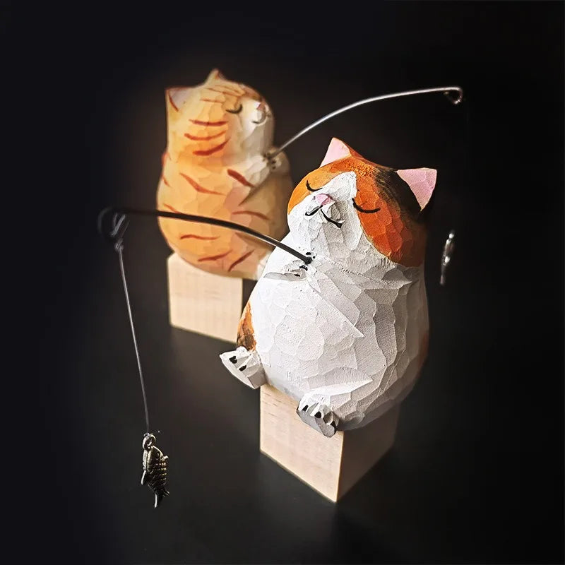 Handmade Wooden Cat Figurine - Cute Desk Decor, Animal Sculpture Gift