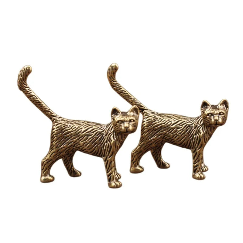 Retro Brass Cat Figurine Metal Animal Home Decor Cute Long-Tailed Cat Miniature Ornament