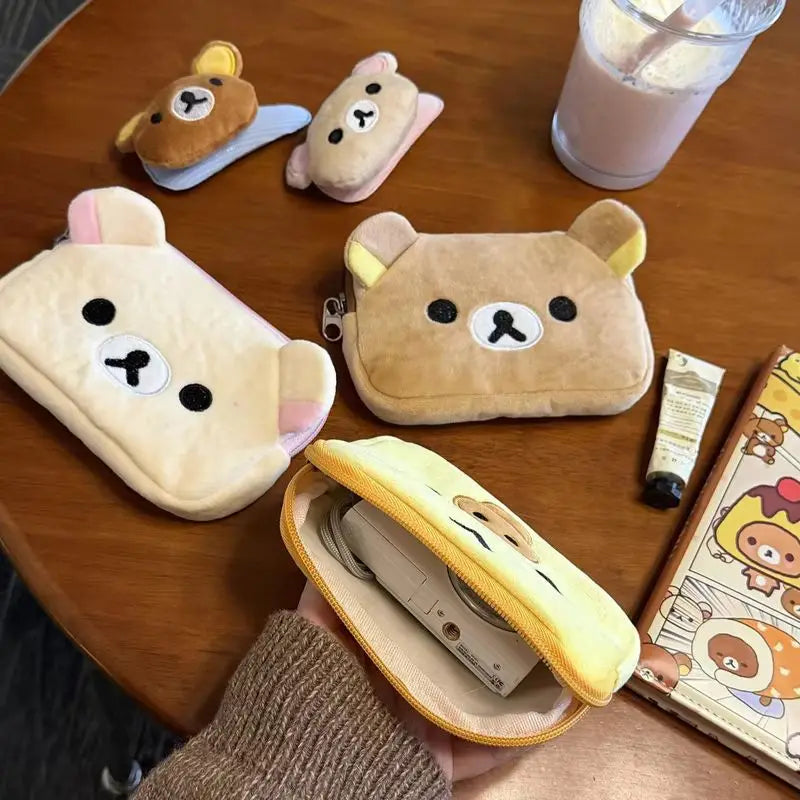 Cute Rilakkuma Coin Purse and Makeup Organizer Bag - Kawaii Plush Storage for Girls