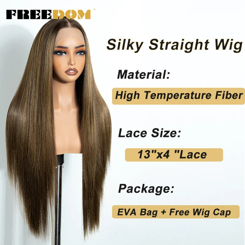 Pre-Plucked Synthetic Lace Front Wig for Black Women 30 Inch Ombre Brown Straight Hair