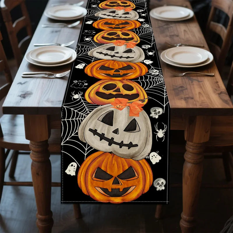 Bohemian Halloween Table Runner Decoration with Pumpkin Bat Skull Elements for Party Festive Decor