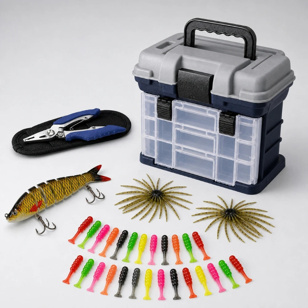Fishing Tackle Box Kit with Pliers and Lures - Portable Multi-Compartment Organizer