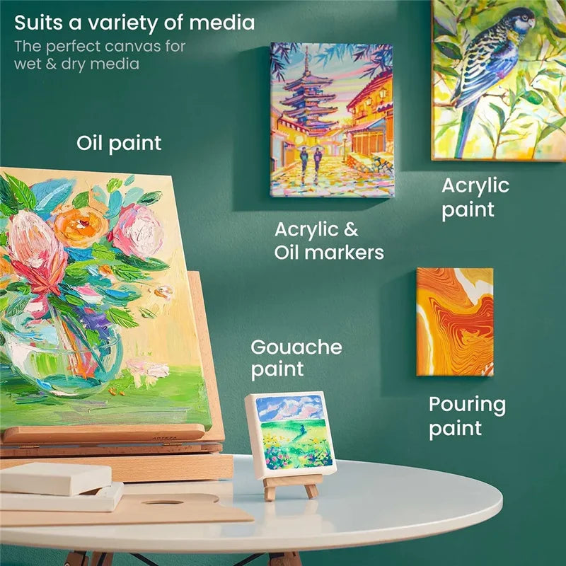 Set of 4 White Artist Canvas Boards for Painting - Square Wooden Frames, Cotton Surface
