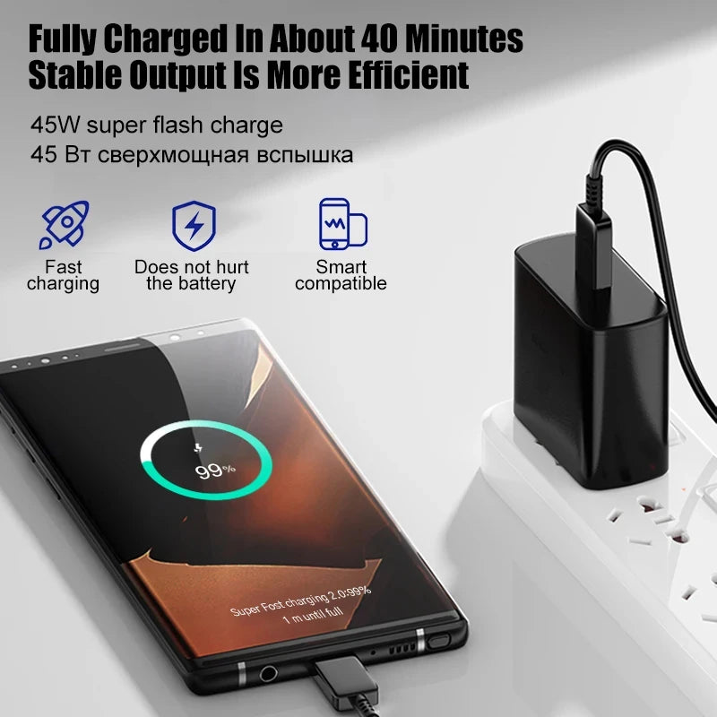 PD 45W Super Fast USB-C Charger for Samsung Galaxy Phones - 2M Cable & US/EU/CH/IL Plug Options