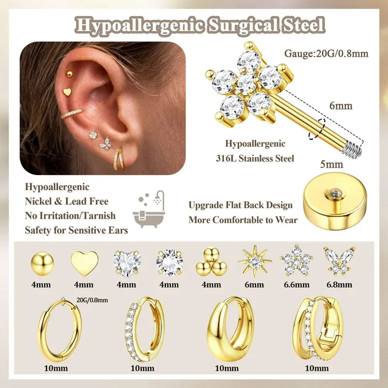Flat Back Earrings for Women Surgical Steel Cartilage & Tragus Piercings