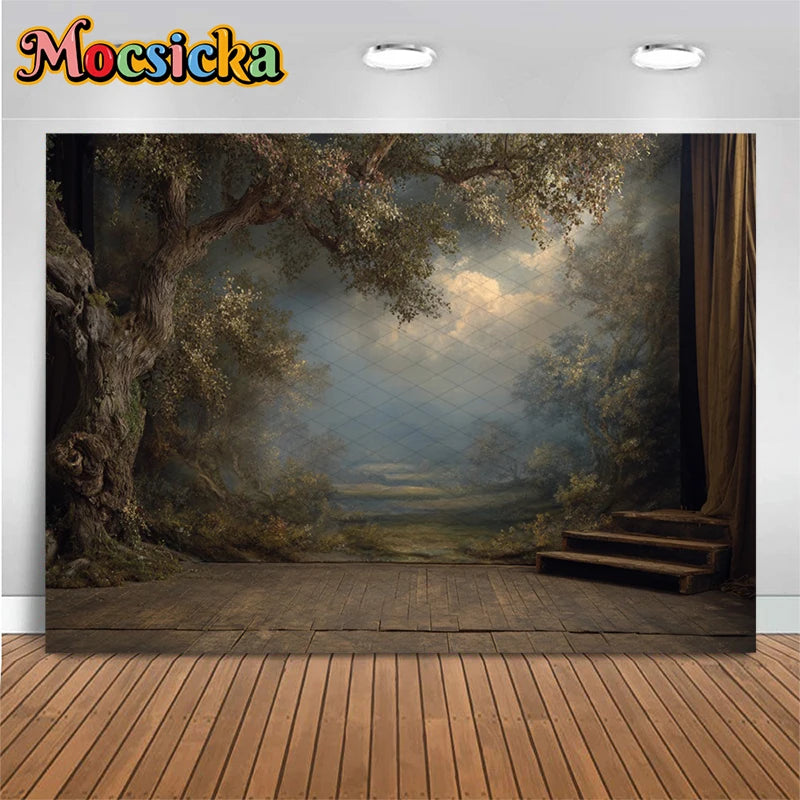 Photography Backdrop Retro Oil Painting Abstract Tree Natural Scenery Outdoor Studio Banner