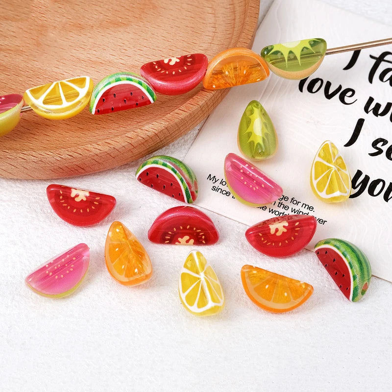 Watermelon Fruit Acrylic Beads Pack - Perforated Jewelry Charms for DIY Bracelets & Phone Straps
