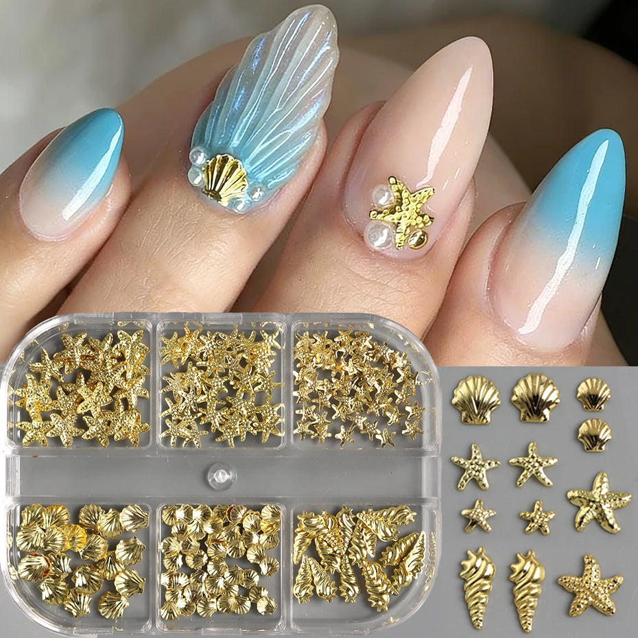 3D Gold Starfish Seashell Nail Art Charms & Beads for Summer Manicure
