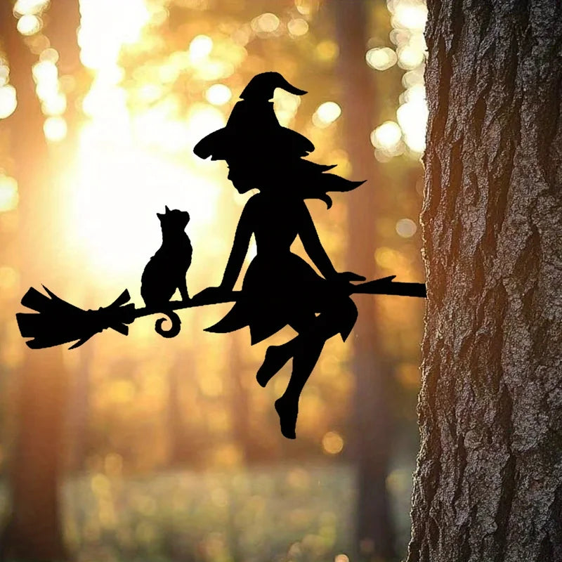 Witch & Cat Garden Decor - Durable Iron Halloween Outdoor Sculpture