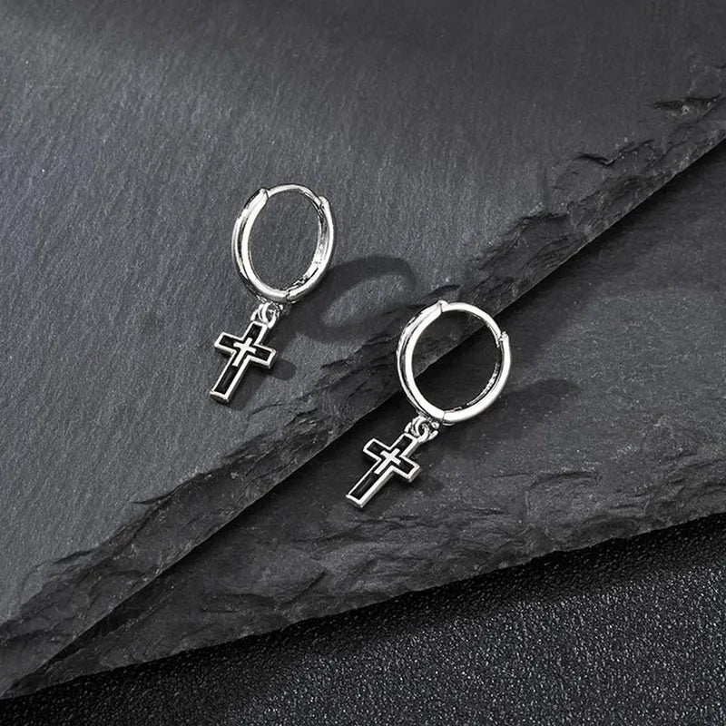 Silver Cross Hoop Earrings for Men Boys - Dangle Drop Jewelry Gift