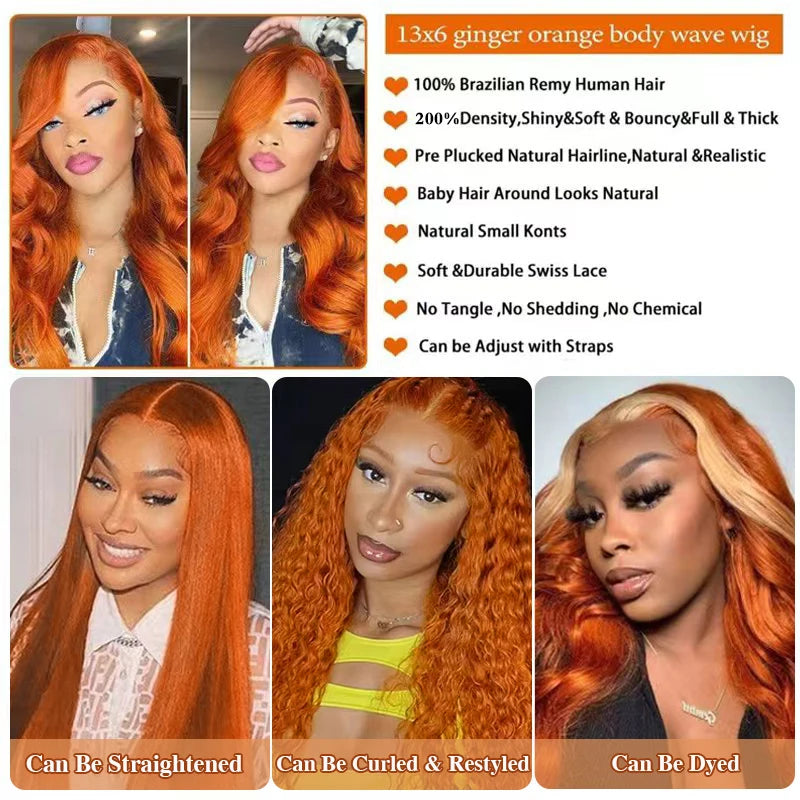 Ginger Orange Body Wave Lace Front Wig Human Hair for Women - Natural Color