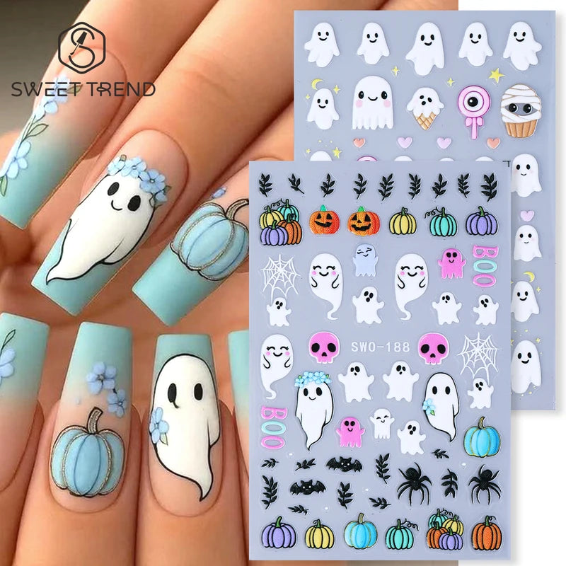 Halloween Nail Decals 2 Sheets Adorable Ghosts Pumpkins Spider Web Bat Lollipops
