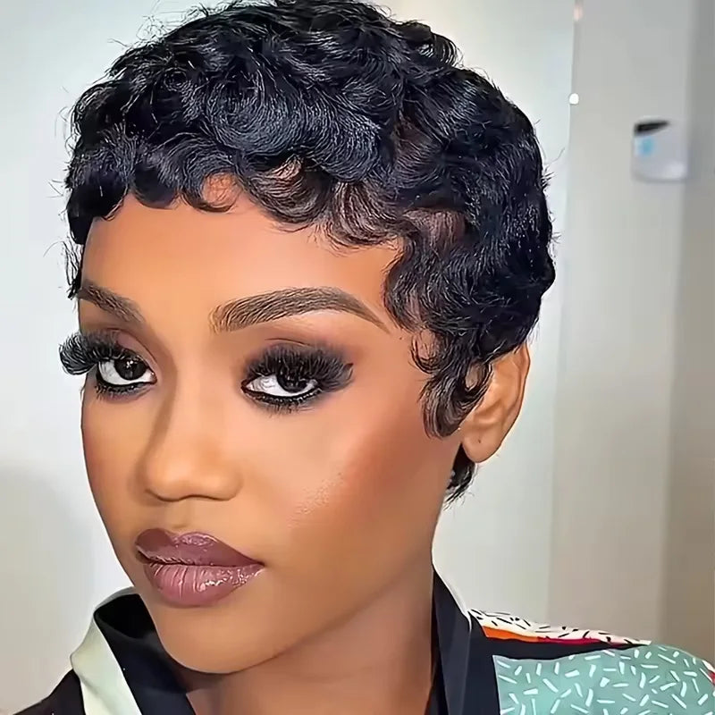 Women's Short Curly Pixie Wig with Bangs - Natural Black, 250% Density