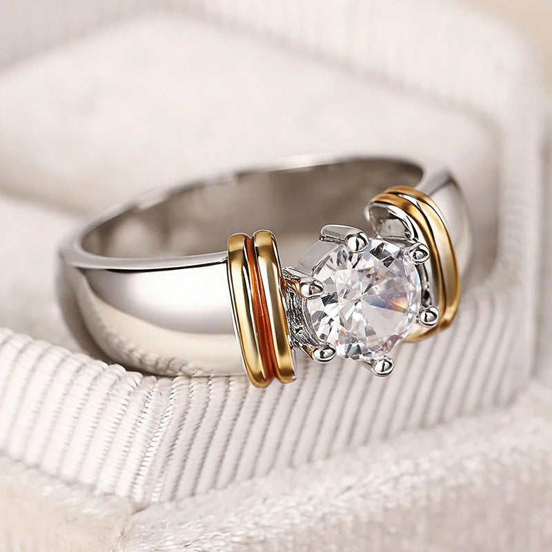 Two-Tone Cubic Zirconia Engagement Ring for Women - Elegant Wedding Jewelry
