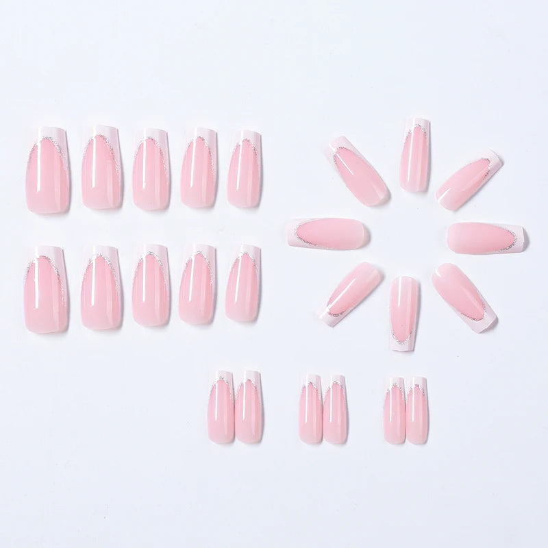 24Pcs Short Square Coffin Fake Nails with French Glitter Acrylic Full Cover for Women