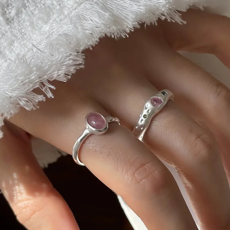 Sterling Silver Pink Stone Ring for Women Geometric Open Handmade Jewelry