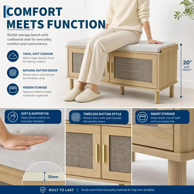 Rattan Shoe Storage Bench with Cushion - Adjustable Shelves & Hidden Organizer