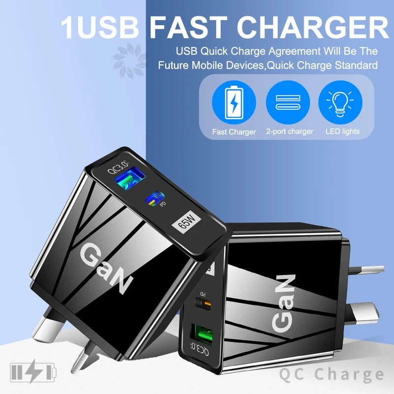65W USB Wall Charger with QC3.0 and PD Fast Charging for Mobile Phones