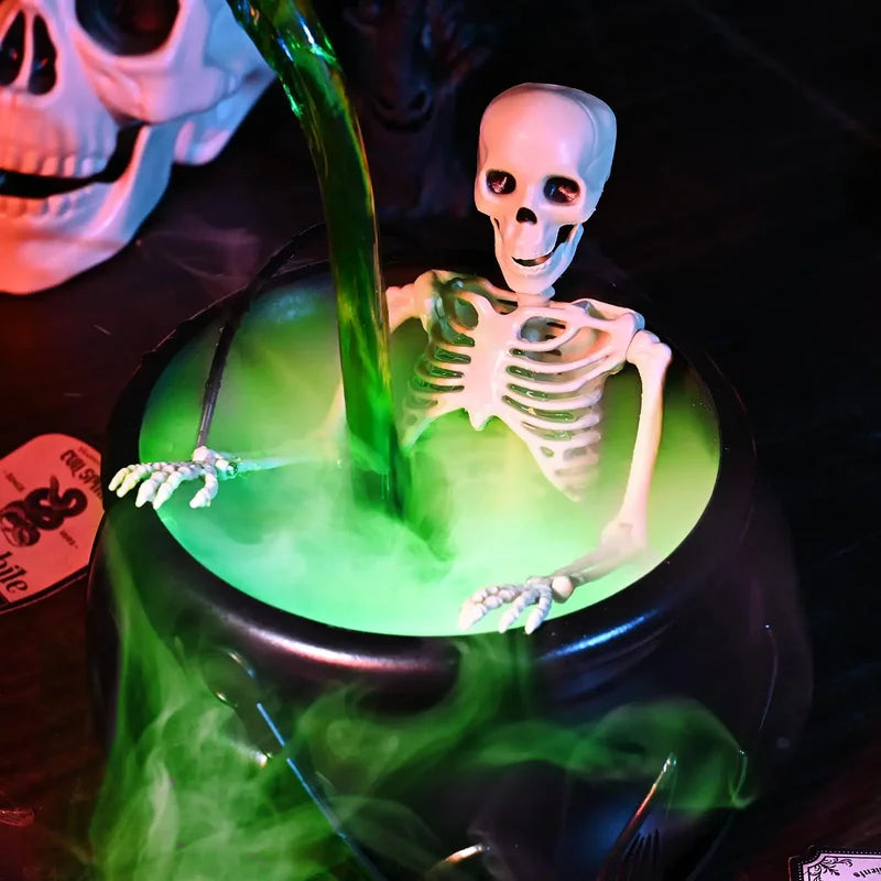 Halloween Witch Cauldron with LED Light & Fog Effect – Spooky Skeleton Decor