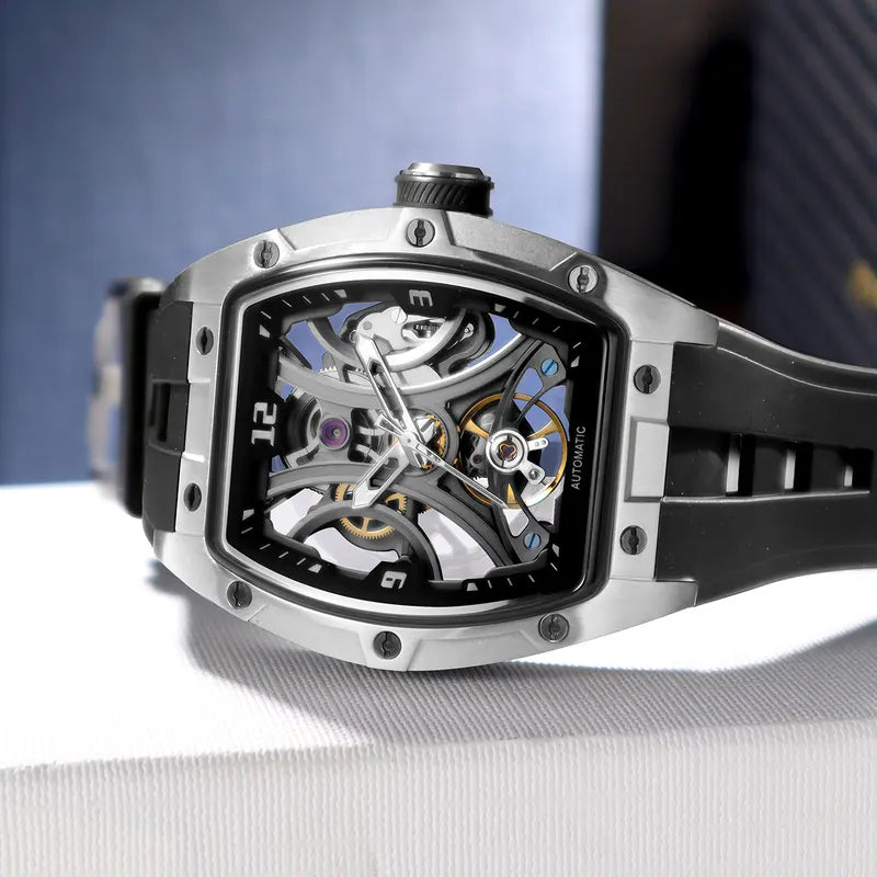 Men's Automatic Mechanical Watch with Hollow Dial and Stainless Steel Case