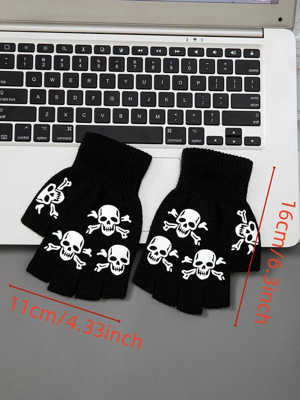 Kids Halloween Skeleton Skull Half Finger Luminous Punk Gloves Black & Green