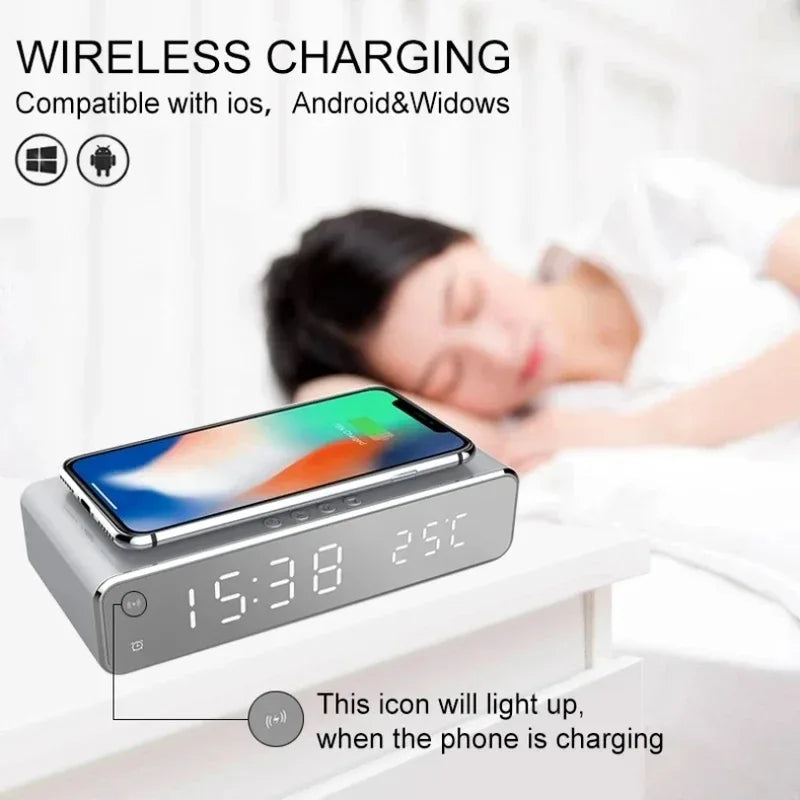 Wireless Charging Alarm Clock with Digital Thermometer & Time Display