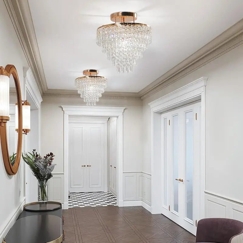 11.8 Inch Gold Crystal Chandelier Ceiling Light - 5 Tiers Raindrops Pendant Fixture for Bedroom Living Room Hallway