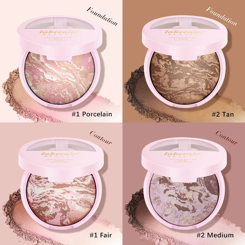 Oil Control Baked Powder Foundation with Contour and Shimmer for Flawless Face Makeup