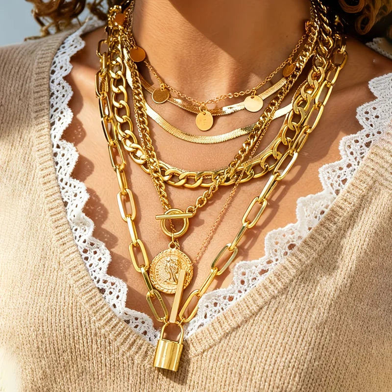 Vintage Multi-Element Pendant Necklace Set with Cross Lock Buckles - 6 or 3 Pieces