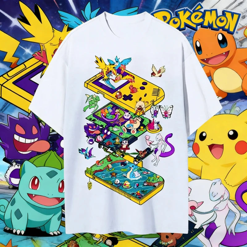Summer Pokemon Retro Game Console Cartoon Print T-Shirt for Travel & Sports