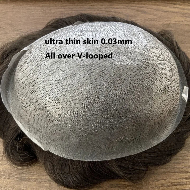 Men's Thin Skin V-Loop Toupee Hair System - Natural Human Hair Prosthesis