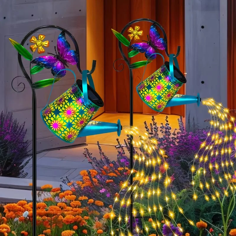 Solar-Powered Butterfly Watering Can Garden Decor with Lantern - Outdoor Lawn Accent