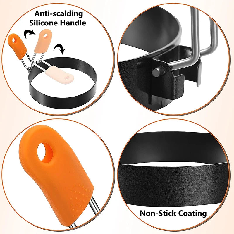 Stainless Steel Egg Ring Set Pancake Mold with Silicone Handle - Kitchen Utensils