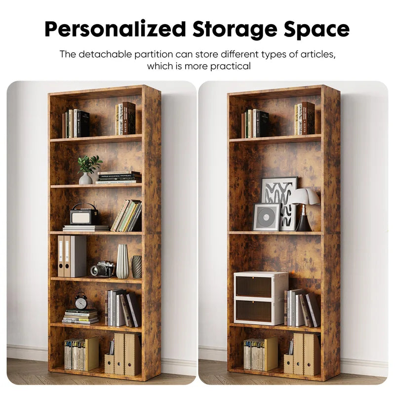 6-Tier Wooden Floor Standing Bookcase - Tall Open Shelving for Living Room & Home Office