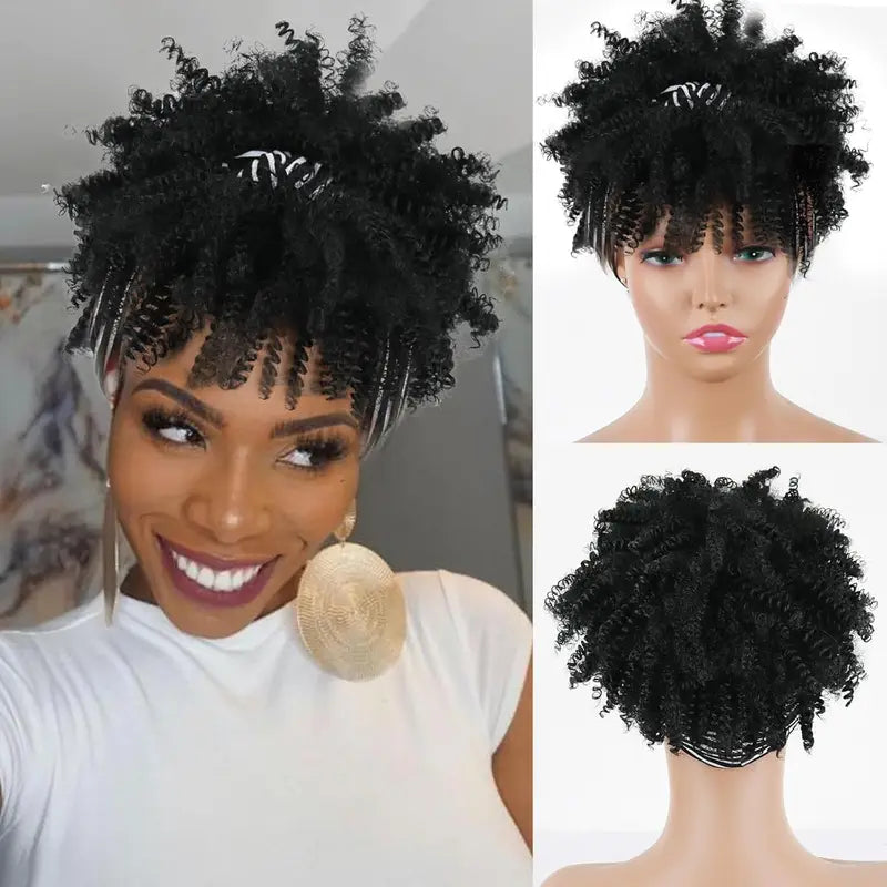 Black Women's Curly Hair Wig with Headscarf and Tassel - Short Synthetic African Style