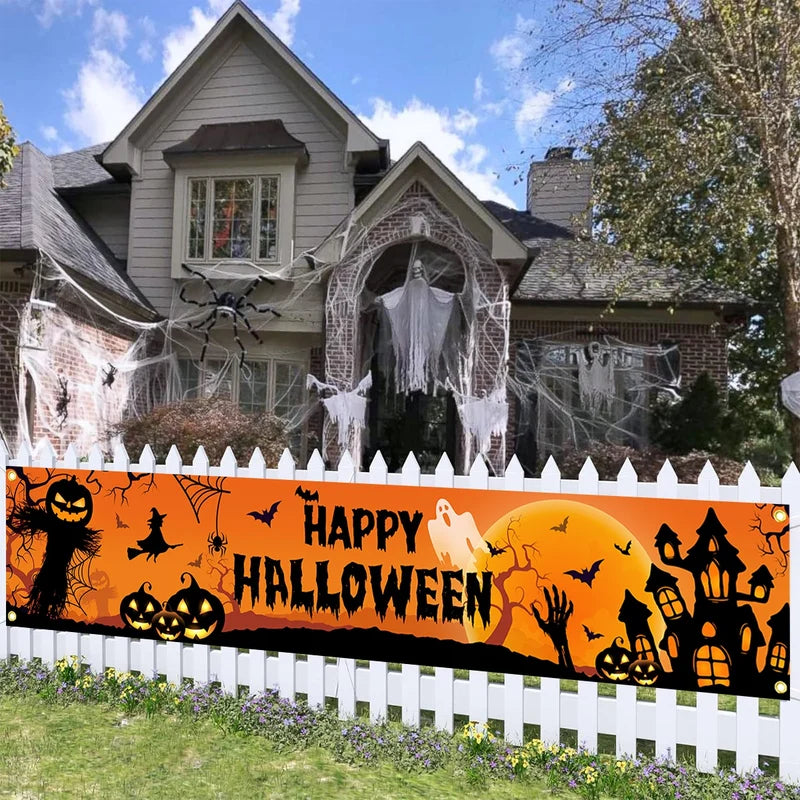 Halloween Outdoor Banner Decoration - Pumpkin & Bat Print Backdrop for Parties