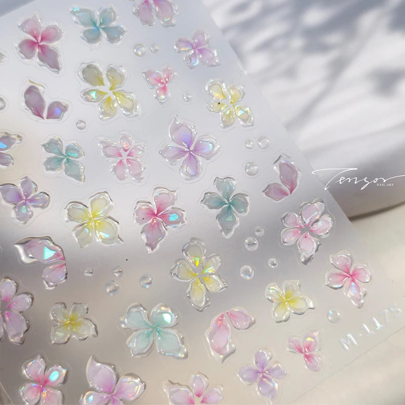 Botanical Flower 5D Nail Art Sticker Decal - Floral Gold & Sheer Designs for Manicure